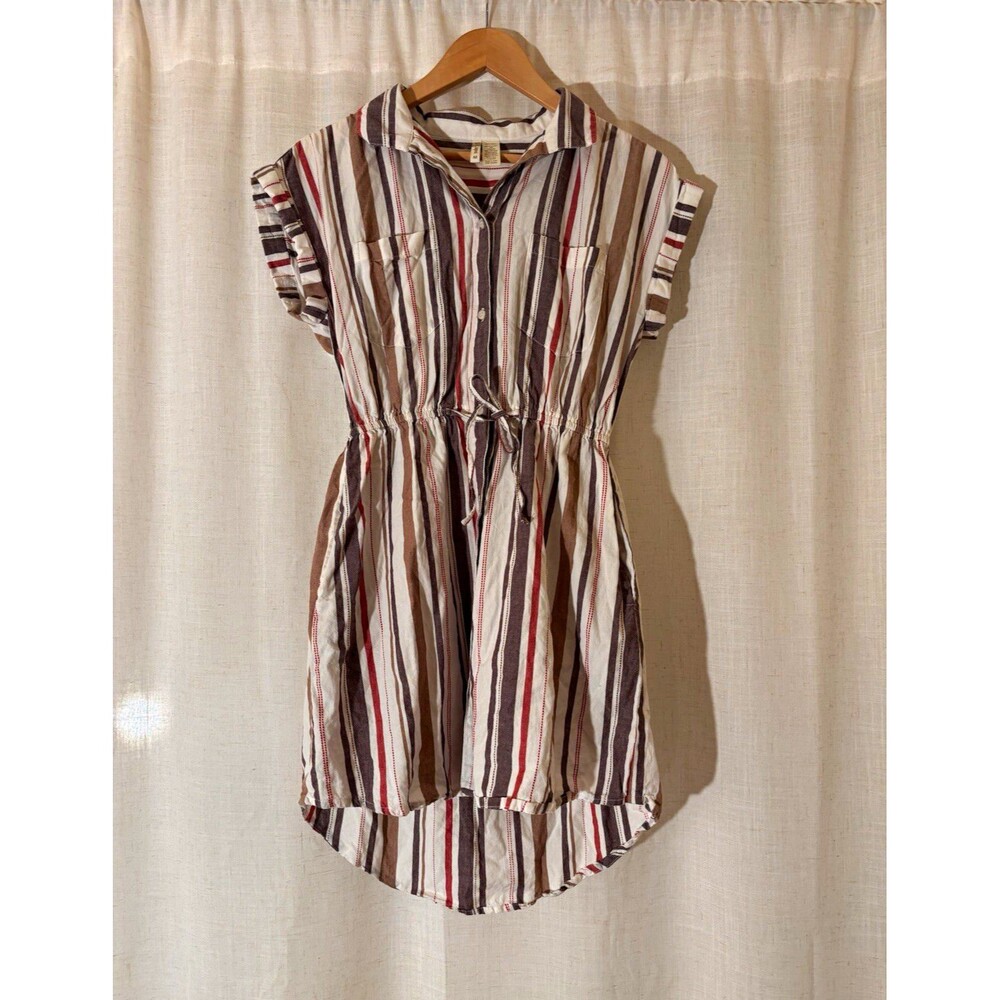 Japna Striped 100% Cotton Shirt Dress Button Front Pockets Collared, Size M